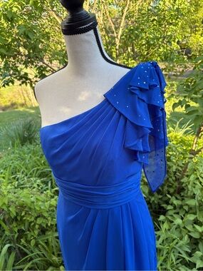 Size 6 David's Bridal One-Shoulder Royal Blue Ruffle Sleeve Dress